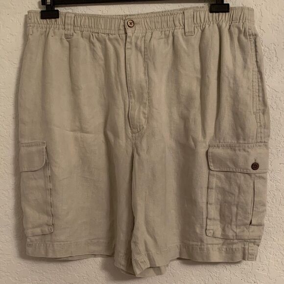 Carribean Men's Light Tan Linen Flat Front Cargo Shorts Size 42 - Picture 1 of 9